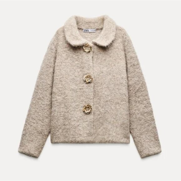 ZARA FAUX FUR KNIT CARDIGAN WITH FLOWER BUTTONS - Picture 1 of 5